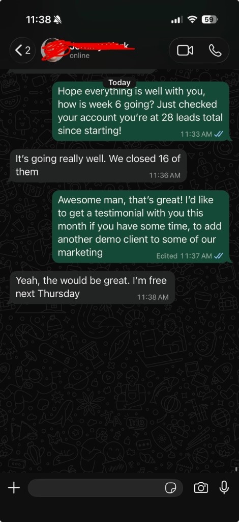 Client text: week 6, closed 16 of 28 leads