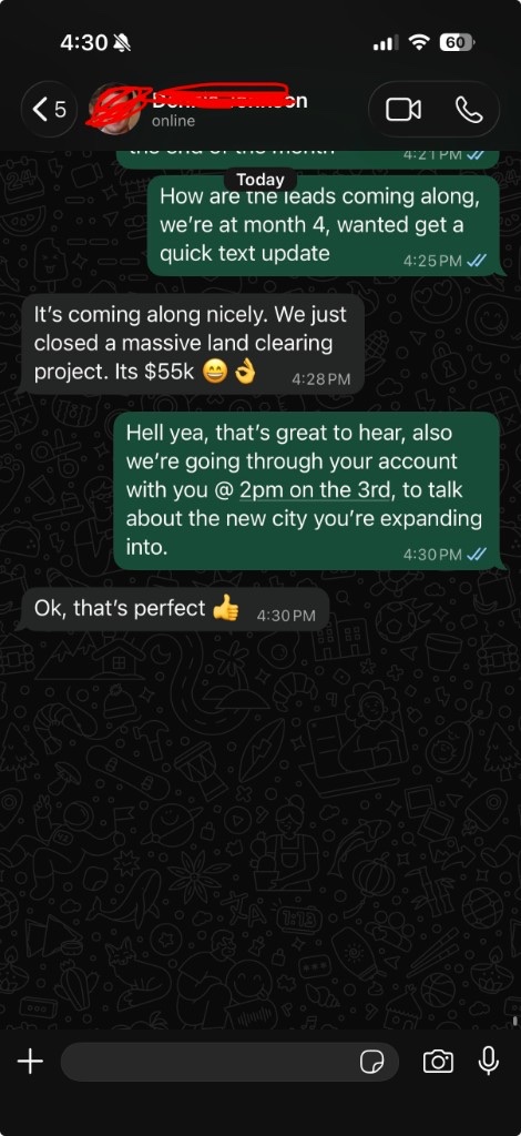 Client text: month 4, $55k land clearing